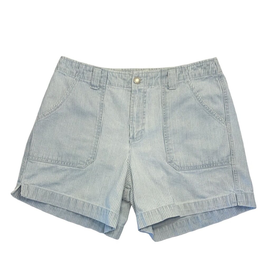 Essentials Women's Vintage High Rise Stripe Denim Shorts in Blue / White - Sz 10